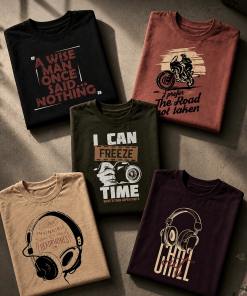 Combo Pack of (5) Men's Printed Round Neck T-Shirts Black, Rust Brown, Olive Green, Beige, Dark Purple