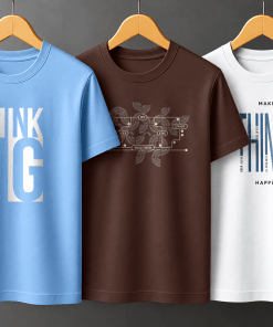 Combo Set (3) Men's Premium Graphic Printed Round Neck T-Shirt Sky Blue, Brown, White